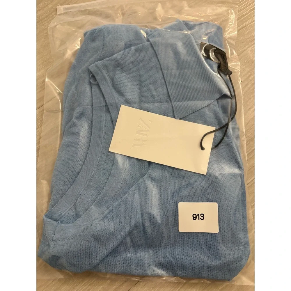 Zara Women Polo Top Sleeveless Knit Top Light Blue V-Neck Elastic Hem Size S NWT